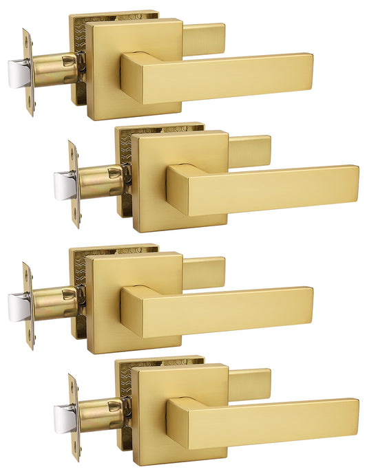 Tinewa 4 Pack Gold Keyless Square Levers Handles, Interior Passage Door Locksets for Hall Closet Door Knobs Lock Reversible Right & Left Handed