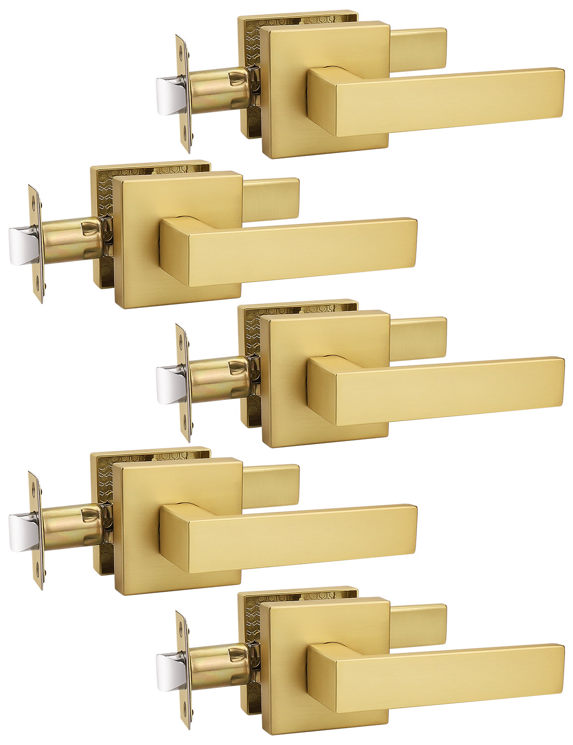 Tinewa 5 Pack Gold Keyless Square Levers Handles, Interior Passage Door Locksets for Hall Closet Door Knobs Lock Reversible Right & Left Handed