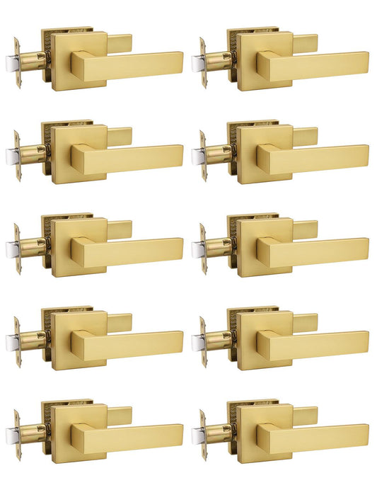 Tinewa 6 Pack Gold Keyless Square Levers Handles, Interior Passage Door Locksets for Hall Closet Door Knobs Lock Reversible Right & Left Handed