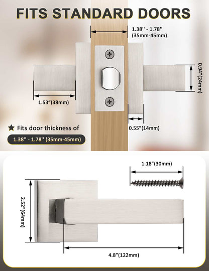 Tinewa 1 Pack Satin Nickel Keyless Square Levers Handles, Interior Passage Door Locksets for Hall Closet Door Knobs Lock Reversible Right & Left Handed - Tinewa