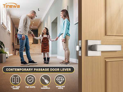 Tinewa 1 Pack Satin Nickel Keyless Square Levers Handles, Interior Passage Door Locksets for Hall Closet Door Knobs Lock Reversible Right & Left Handed - Tinewa