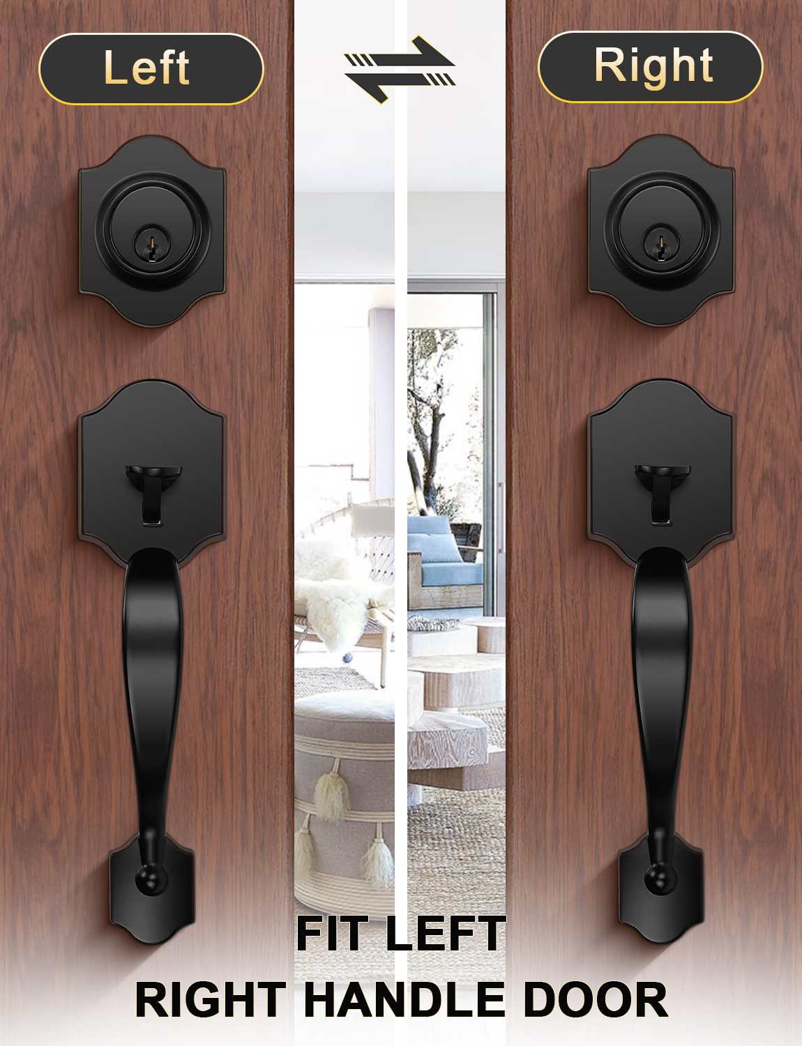 Front Door Handle and Deadbolt Set, Black Front Door Lock Set with Reversible Handle Lever, Entry Door Locksets with Deadbolt Single Cylinder, Reversible Handlesets - Tinewa