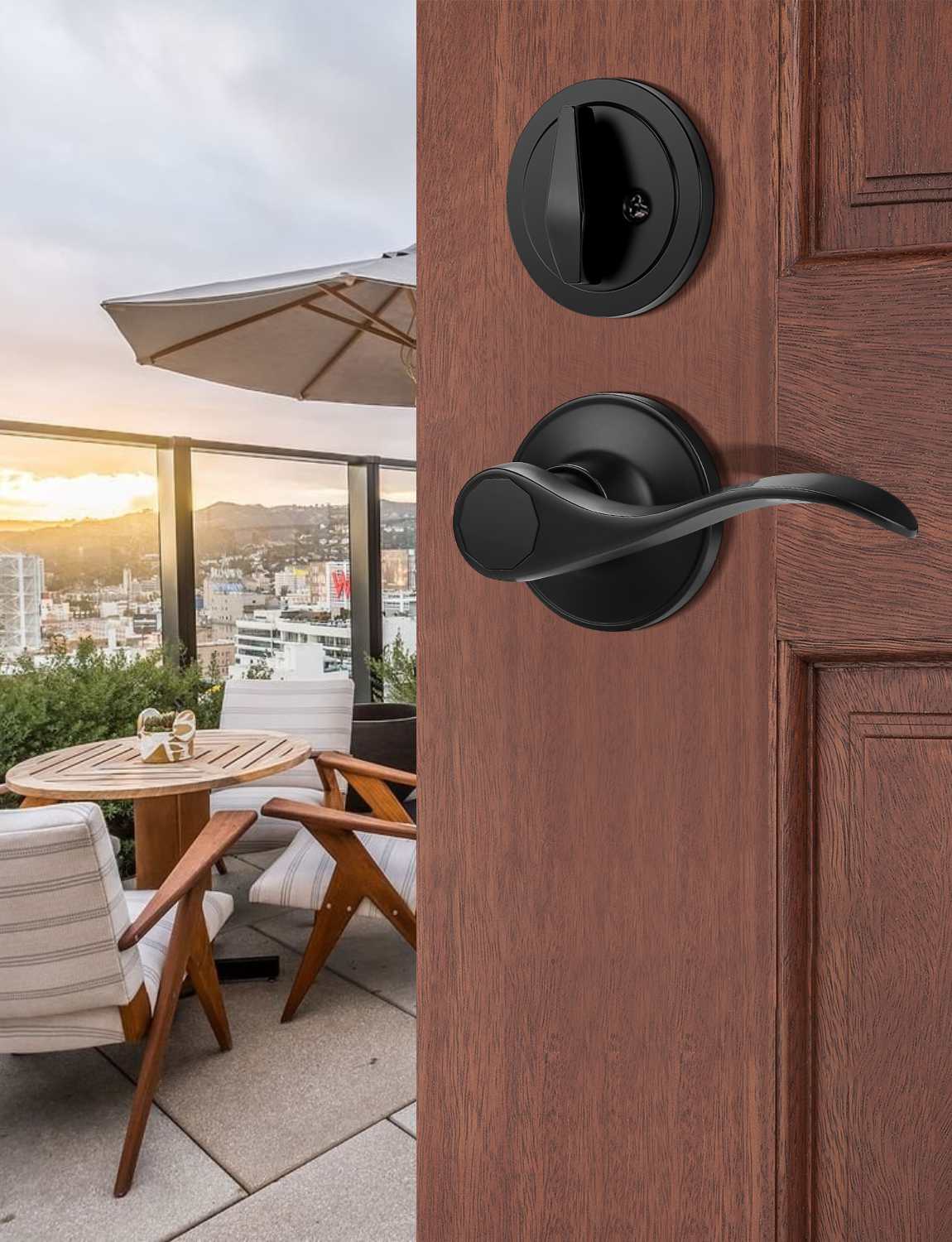 Front Door Handle and Deadbolt Set, Black Front Door Lock Set with Reversible Handle Lever, Entry Door Locksets with Deadbolt Single Cylinder, Reversible Handlesets - Tinewa