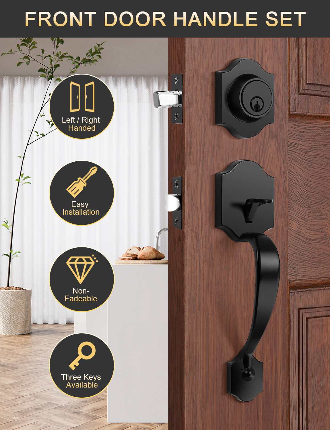 Front Door Handle and Deadbolt Set, Black Front Door Lock Set with Reversible Handle Lever, Entry Door Locksets with Deadbolt Single Cylinder, Reversible Handlesets - Tinewa