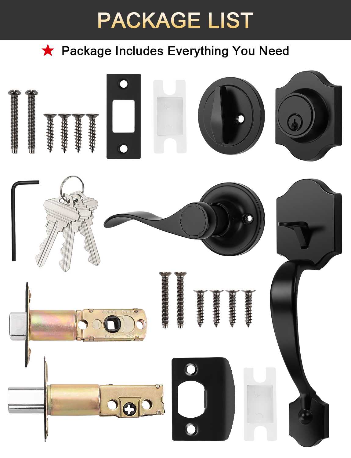 Front Door Handle and Deadbolt Set, Black Front Door Lock Set with Reversible Handle Lever, Entry Door Locksets with Deadbolt Single Cylinder, Reversible Handlesets - Tinewa