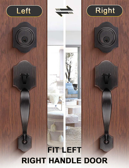 Front Door Handle and Deadbolt Set, Oil Rubbed Bronze Front Door Lock Set with Reversible Handle Lever, Entry Door Locksets with Deadbolt Single Cylinder, Reversible Handlesets - Tinewa