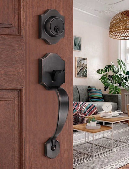 Front Door Handle and Deadbolt Set, Oil Rubbed Bronze Front Door Lock Set with Reversible Handle Lever, Entry Door Locksets with Deadbolt Single Cylinder, Reversible Handlesets - Tinewa