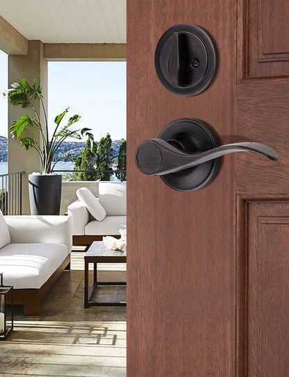 Front Door Handle and Deadbolt Set, Oil Rubbed Bronze Front Door Lock Set with Reversible Handle Lever, Entry Door Locksets with Deadbolt Single Cylinder, Reversible Handlesets - Tinewa