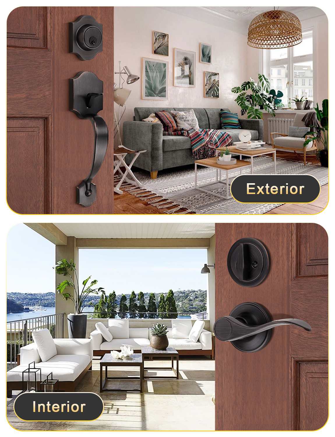 Front Door Handle and Deadbolt Set, Oil Rubbed Bronze Front Door Lock Set with Reversible Handle Lever, Entry Door Locksets with Deadbolt Single Cylinder, Reversible Handlesets - Tinewa