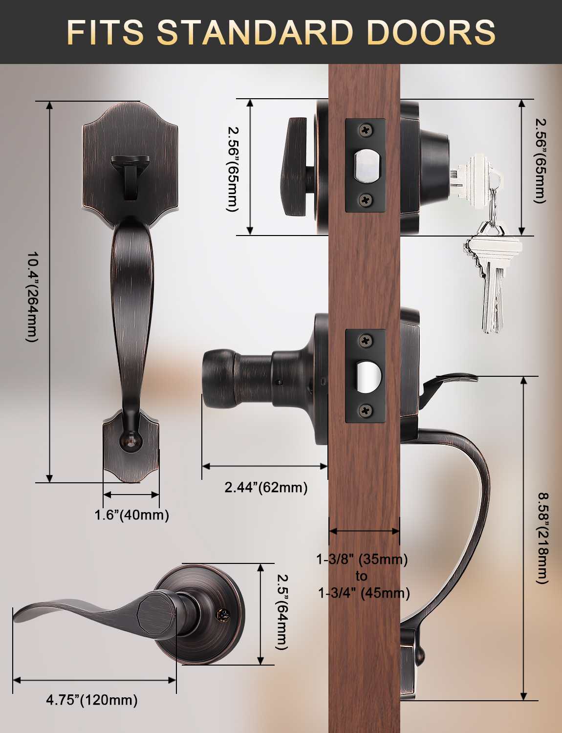 Front Door Handle and Deadbolt Set, Oil Rubbed Bronze Front Door Lock Set with Reversible Handle Lever, Entry Door Locksets with Deadbolt Single Cylinder, Reversible Handlesets - Tinewa