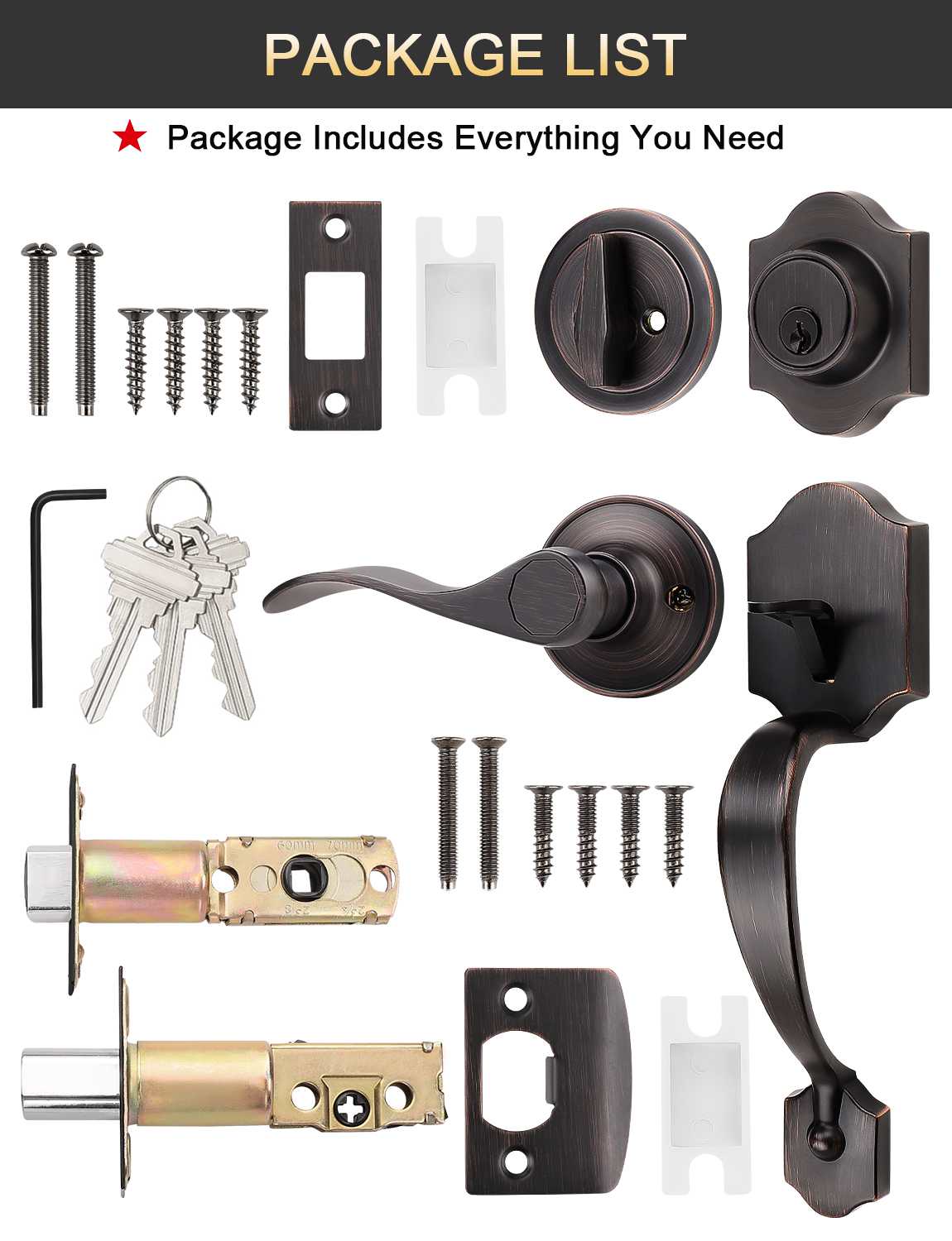 Front Door Handle and Deadbolt Set, Oil Rubbed Bronze Front Door Lock Set with Reversible Handle Lever, Entry Door Locksets with Deadbolt Single Cylinder, Reversible Handlesets - Tinewa