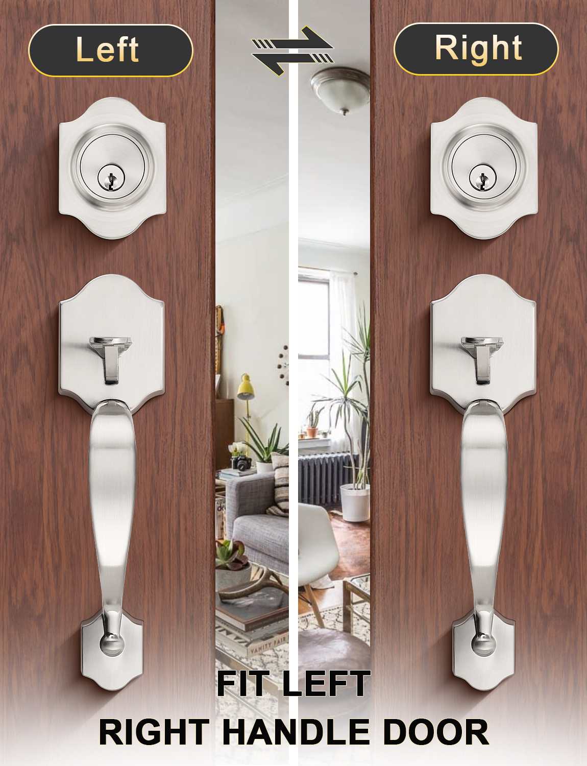 Front Door Handle and Deadbolt Set, Satin Nickel Front Door Lock Set with Reversible Handle Lever, Entry Door Locksets with Deadbolt Single Cylinder, Reversible Handlesets - Tinewa