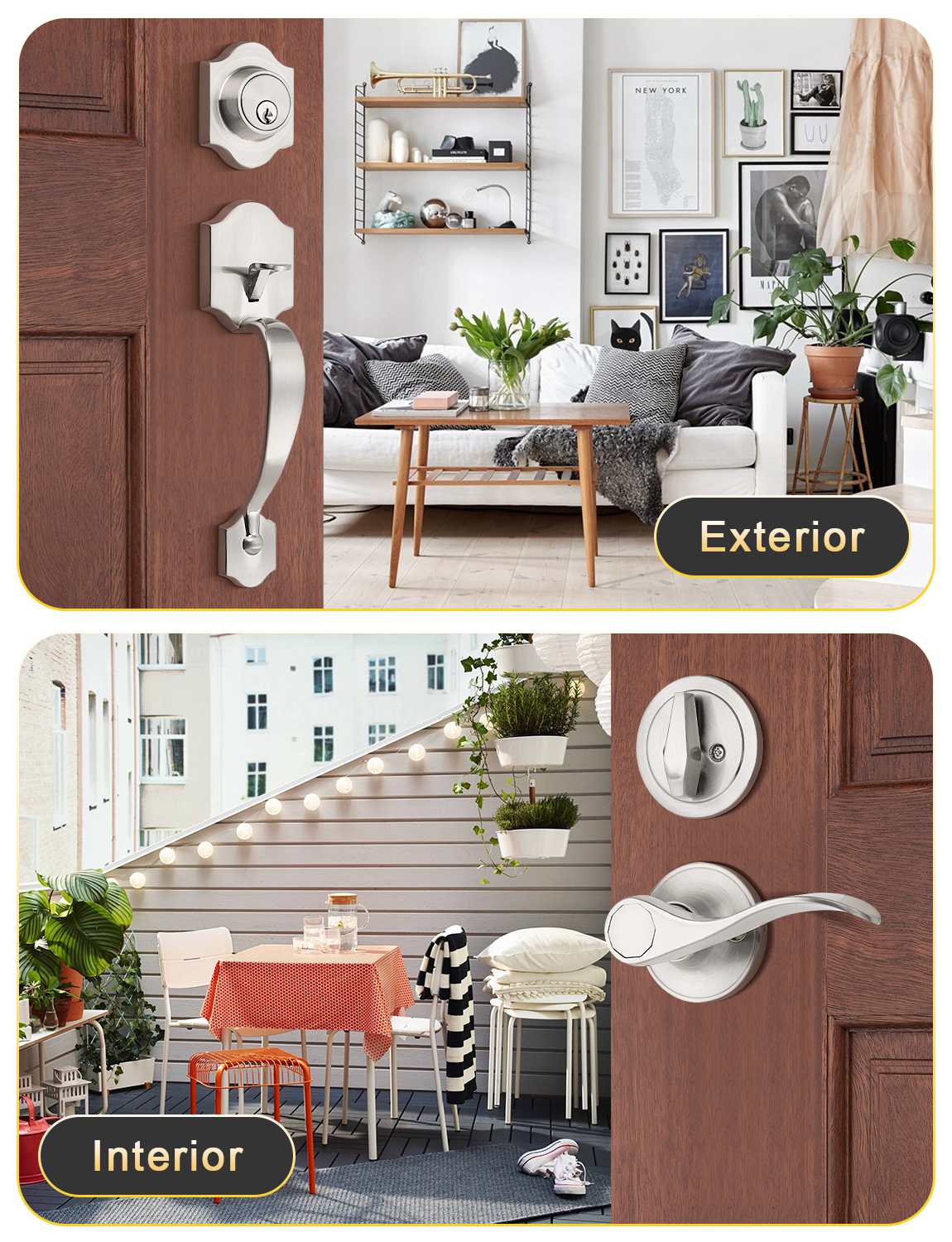 Front Door Handle and Deadbolt Set, Satin Nickel Front Door Lock Set with Reversible Handle Lever, Entry Door Locksets with Deadbolt Single Cylinder, Reversible Handlesets - Tinewa