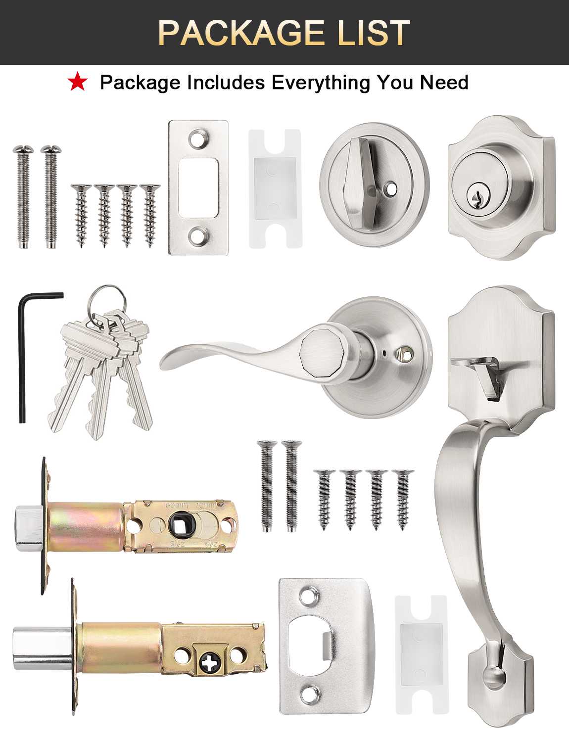 Front Door Handle and Deadbolt Set, Satin Nickel Front Door Lock Set with Reversible Handle Lever, Entry Door Locksets with Deadbolt Single Cylinder, Reversible Handlesets - Tinewa