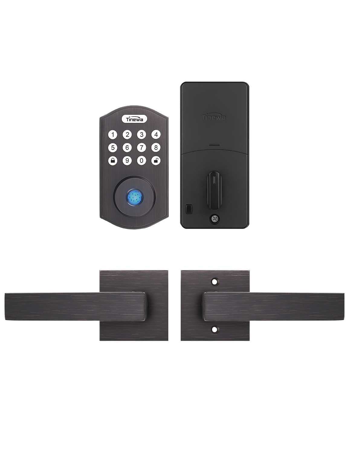 Round Keyless Entry Door Lock with 2 Lever Handles, Fingerprint Entry Door Handleset,Keypad Deadbolt with App, Auto Lock & One Touch Locking, Front Smart Door Handle Sets, Oil Rubbed Bronze - Tinewa