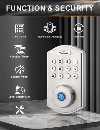 Round Keyless Entry Door Lock with 2 Lever Handles, Fingerprint Entry Door Handleset, Keypad Deadbolt with App, Auto Lock & One Touch Locking, Front Smart Door Handle Sets, Satin Nickel - Tinewa