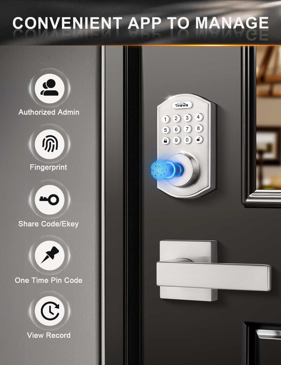 Round Keyless Entry Door Lock with 2 Lever Handles, Fingerprint Entry Door Handleset, Keypad Deadbolt with App, Auto Lock & One Touch Locking, Front Smart Door Handle Sets, Satin Nickel - Tinewa