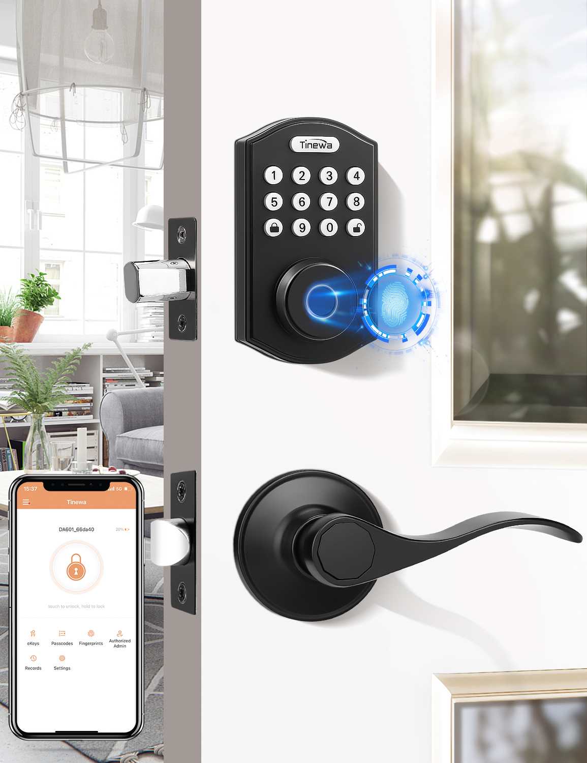 Tinewa Fingerprint Door Lock with Wave Passage Lever, Round Front Entry Door Lock, Biometric Smart Lock Front Door Handle Sets, Electronic Digital Keypad Deadbolt with App Control - Tinewa