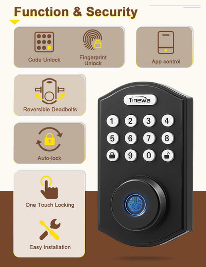 Tinewa Fingerprint Door Lock with Wave Passage Lever, Round Front Entry Door Lock, Biometric Smart Lock Front Door Handle Sets, Electronic Digital Keypad Deadbolt with App Control - Tinewa