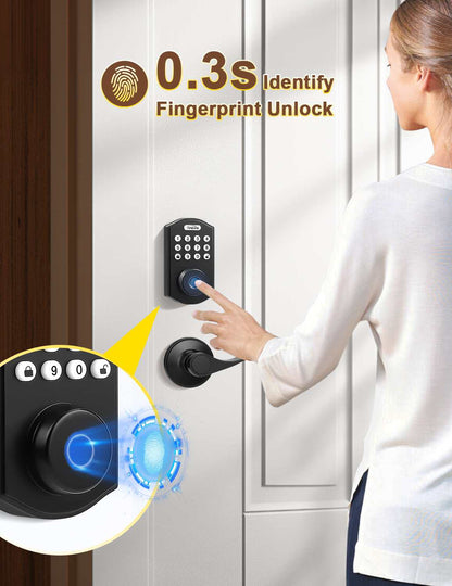 Tinewa Fingerprint Door Lock with Wave Passage Lever, Round Front Entry Door Lock, Biometric Smart Lock Front Door Handle Sets, Electronic Digital Keypad Deadbolt with App Control - Tinewa