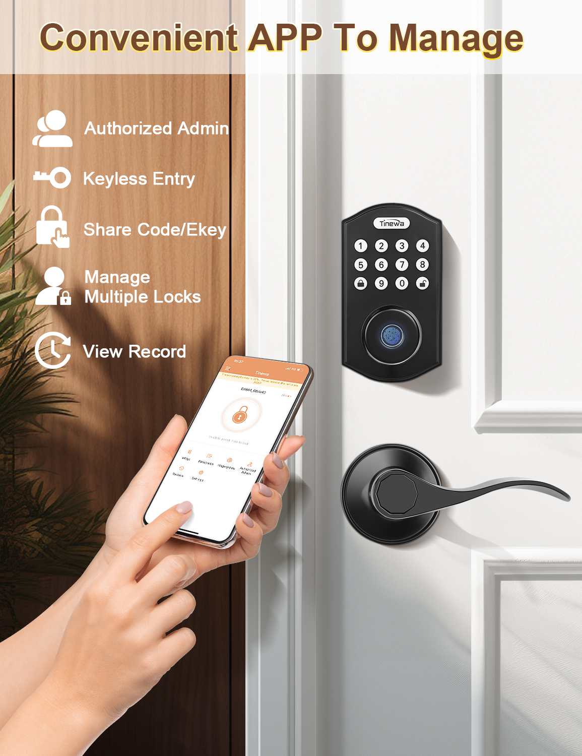 Tinewa Fingerprint Door Lock with Wave Passage Lever, Round Front Entry Door Lock, Biometric Smart Lock Front Door Handle Sets, Electronic Digital Keypad Deadbolt with App Control - Tinewa