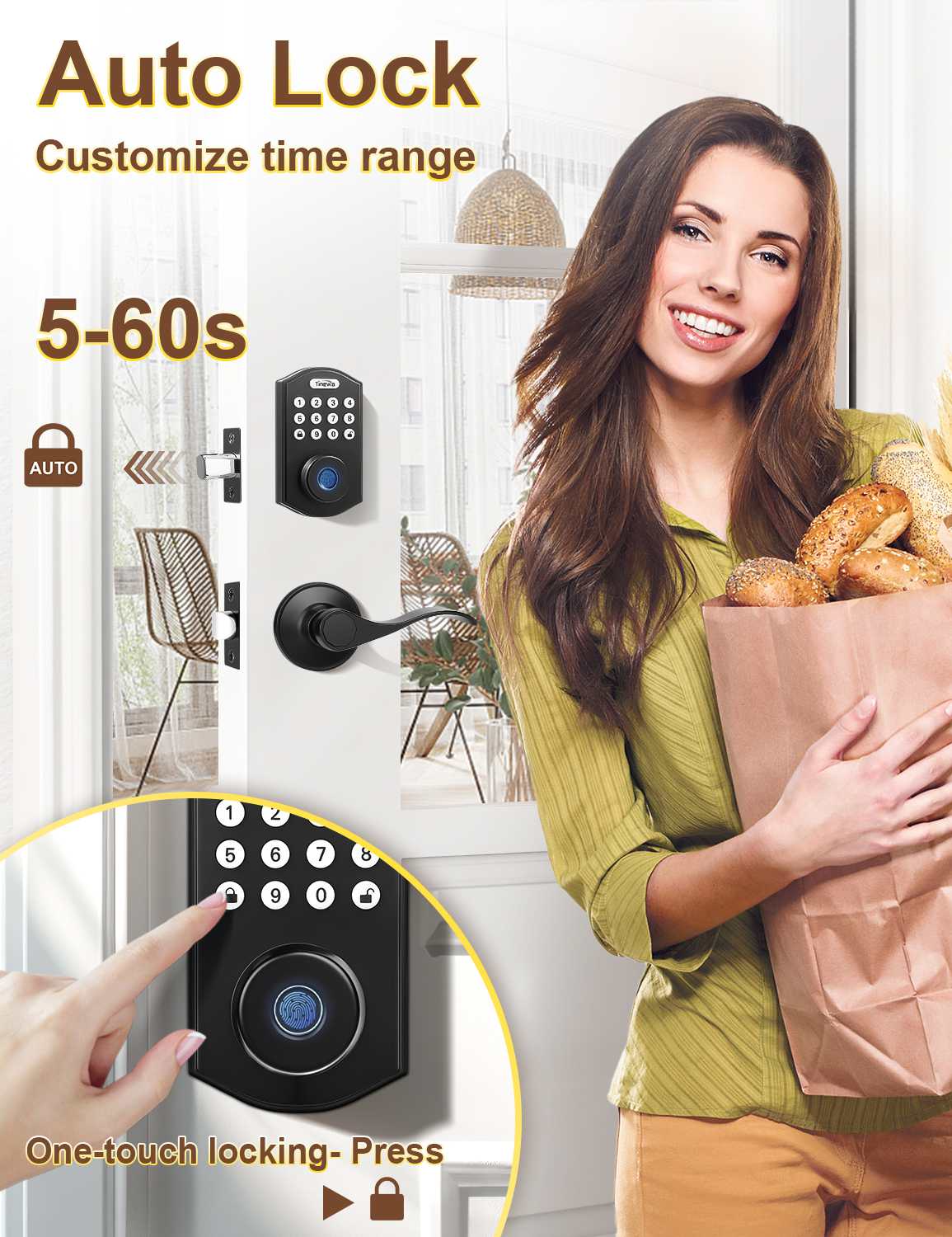 Tinewa Fingerprint Door Lock with Wave Passage Lever, Round Front Entry Door Lock, Biometric Smart Lock Front Door Handle Sets, Electronic Digital Keypad Deadbolt with App Control - Tinewa