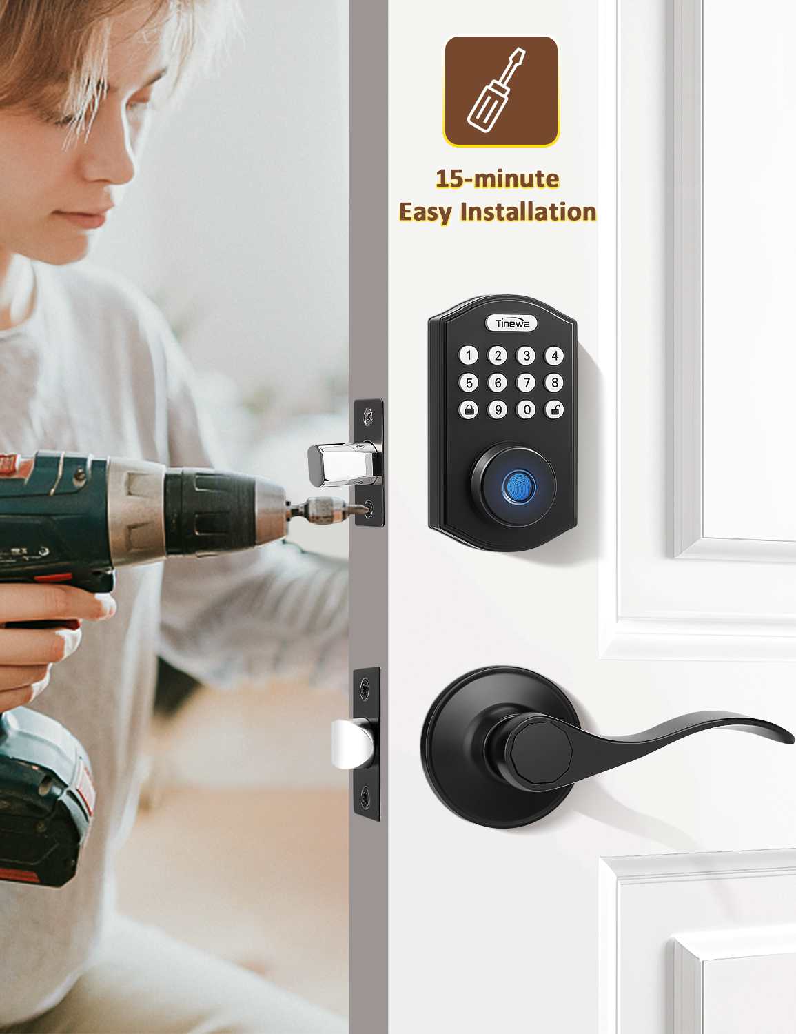 Tinewa Fingerprint Door Lock with Wave Passage Lever, Round Front Entry Door Lock, Biometric Smart Lock Front Door Handle Sets, Electronic Digital Keypad Deadbolt with App Control - Tinewa