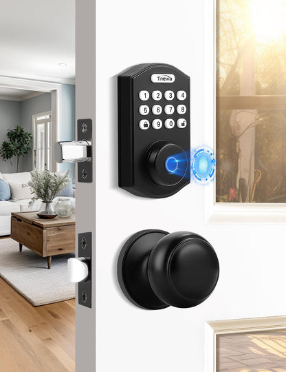 Tinewa Keyless Entry Door Lock with Handle, Fingerprint Door Lock with Door Knobs, Electronic Keypad Deadbolt Smart Front Door Lock Set, Front Door Handleset for Homes, Apartments, Easy to Install - Tinewa