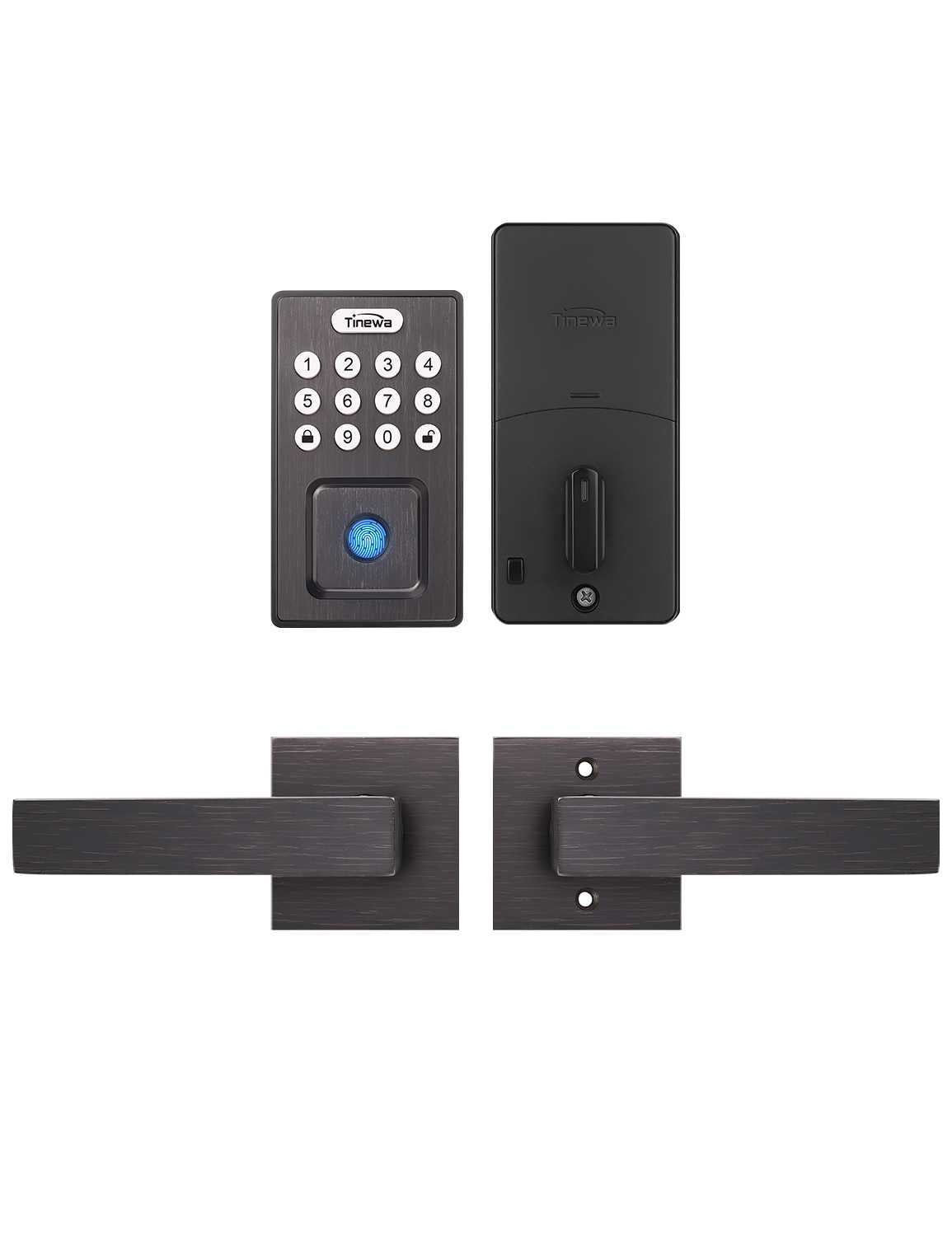 Tinewa Fingerprint Door Lock, Square Keypad Door Lock with 2 Handles, Electronic Smart Deadbolt, Front Door Handle Sets, APP Control, Keyless Entry, Auto Lock - Tinewa