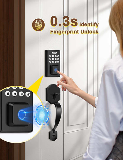 Tinewa Electronic Digital Keypad Deadbolt with Passage Lever, Square Smart Door Lock, Fingerprint Entry Lock, Biometric Front Door Handle Sets for Home & Apartment, Auto Lock, App Control - Tinewa