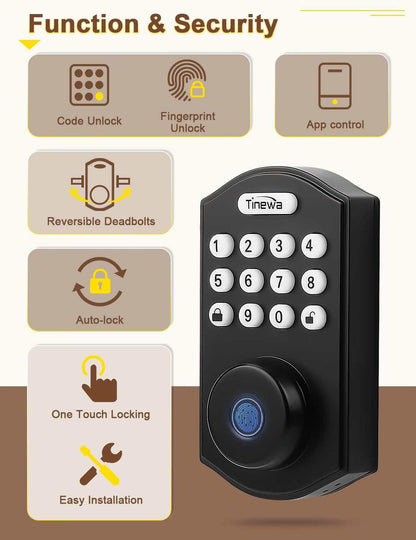 Tinewa Keyless Entry Door Lock with Handle, Fingerprint Door Lock with Door Knobs, Electronic Keypad Deadbolt Smart Front Door Lock Set, Front Door Handleset for Homes, Apartments, Easy to Install