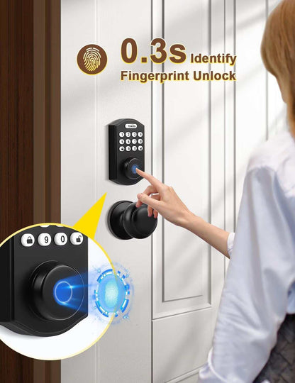 Tinewa Keyless Entry Door Lock with Handle, Fingerprint Door Lock with Door Knobs, Electronic Keypad Deadbolt Smart Front Door Lock Set, Front Door Handleset for Homes, Apartments, Easy to Install