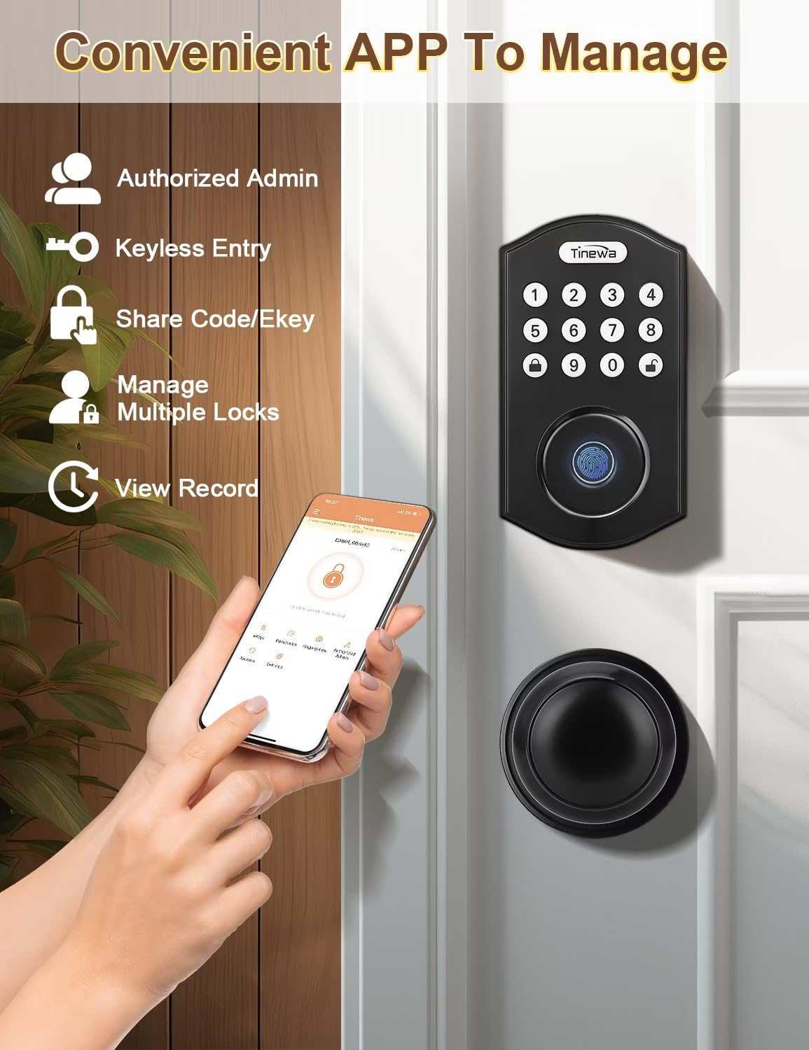 Tinewa Keyless Entry Door Lock with Handle, Fingerprint Door Lock with Door Knobs, Electronic Keypad Deadbolt Smart Front Door Lock Set, Front Door Handleset for Homes, Apartments, Easy to Install