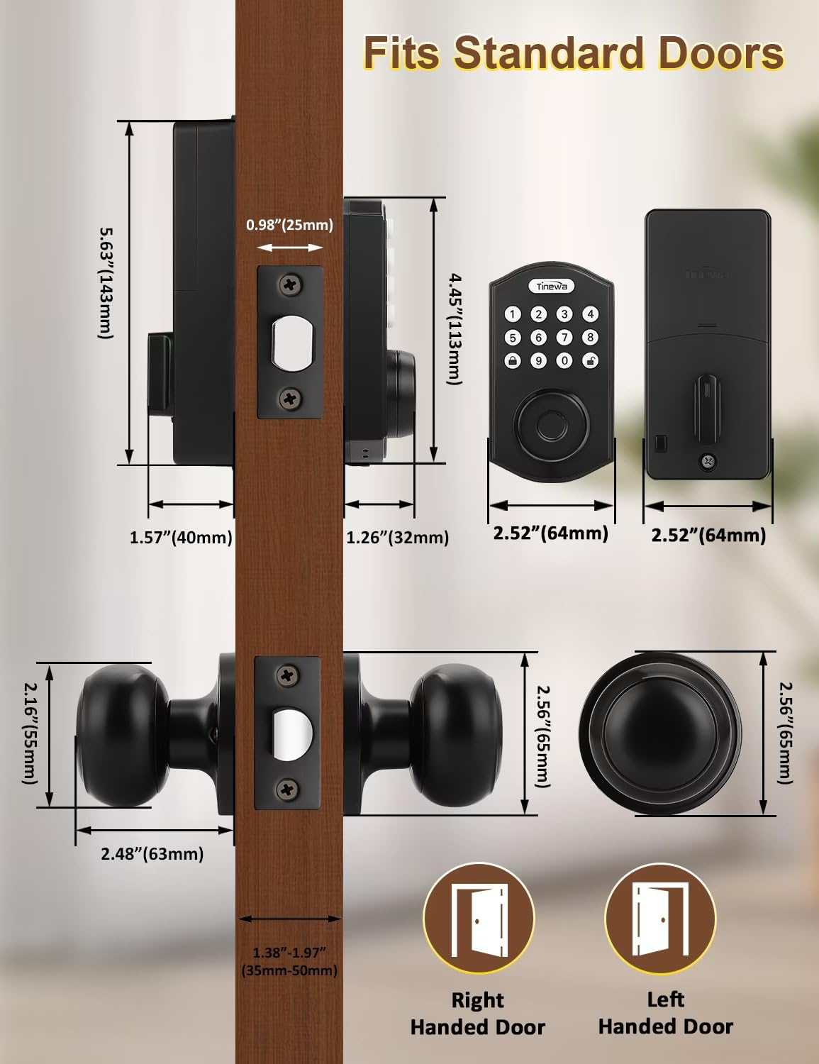 Tinewa Keyless Entry Door Lock with Handle, Fingerprint Door Lock with Door Knobs, Electronic Keypad Deadbolt Smart Front Door Lock Set, Front Door Handleset for Homes, Apartments, Easy to Install