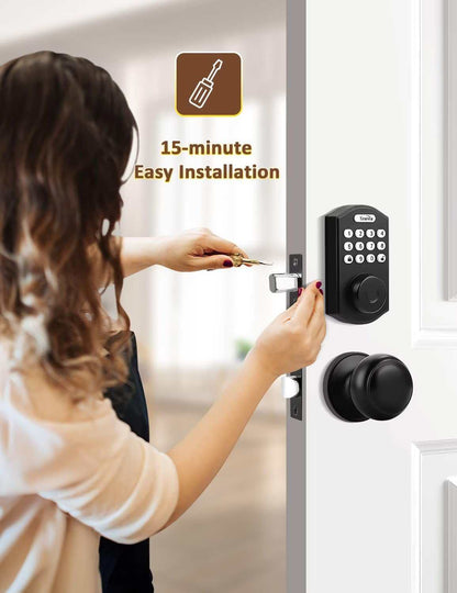 Tinewa Keyless Entry Door Lock with Handle, Fingerprint Door Lock with Door Knobs, Electronic Keypad Deadbolt Smart Front Door Lock Set, Front Door Handleset for Homes, Apartments, Easy to Install