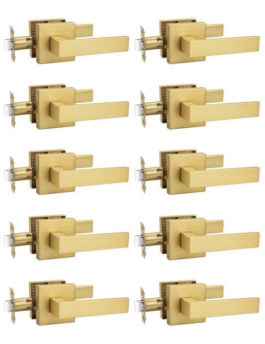 Tinewa 10 Pack Gold Keyless Square Levers Handles, Interior Passage Door Locksets for Hall Closet Door Knobs Lock Reversible Right & Left Handed - Tinewa