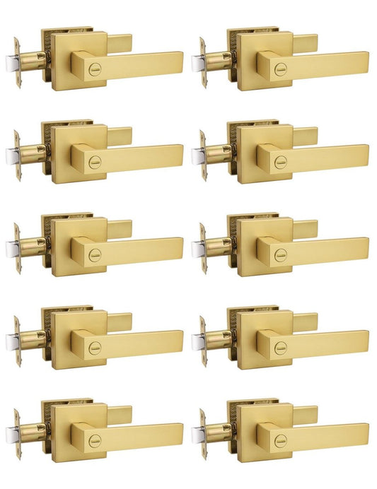 Tinewa 10 Pack Heavy Duty Gold Square Privacy Interior Door Levers Bedroom and Bathroom Door Handles Keyless Bed/Bath Lockset - Tinewa