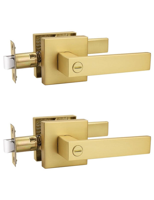 Tinewa 2 Pack Heavy Duty Gold Square Privacy Interior Door Levers Bedroom and Bathroom Door Handles Keyless Bed/Bath Lockset - Tinewa