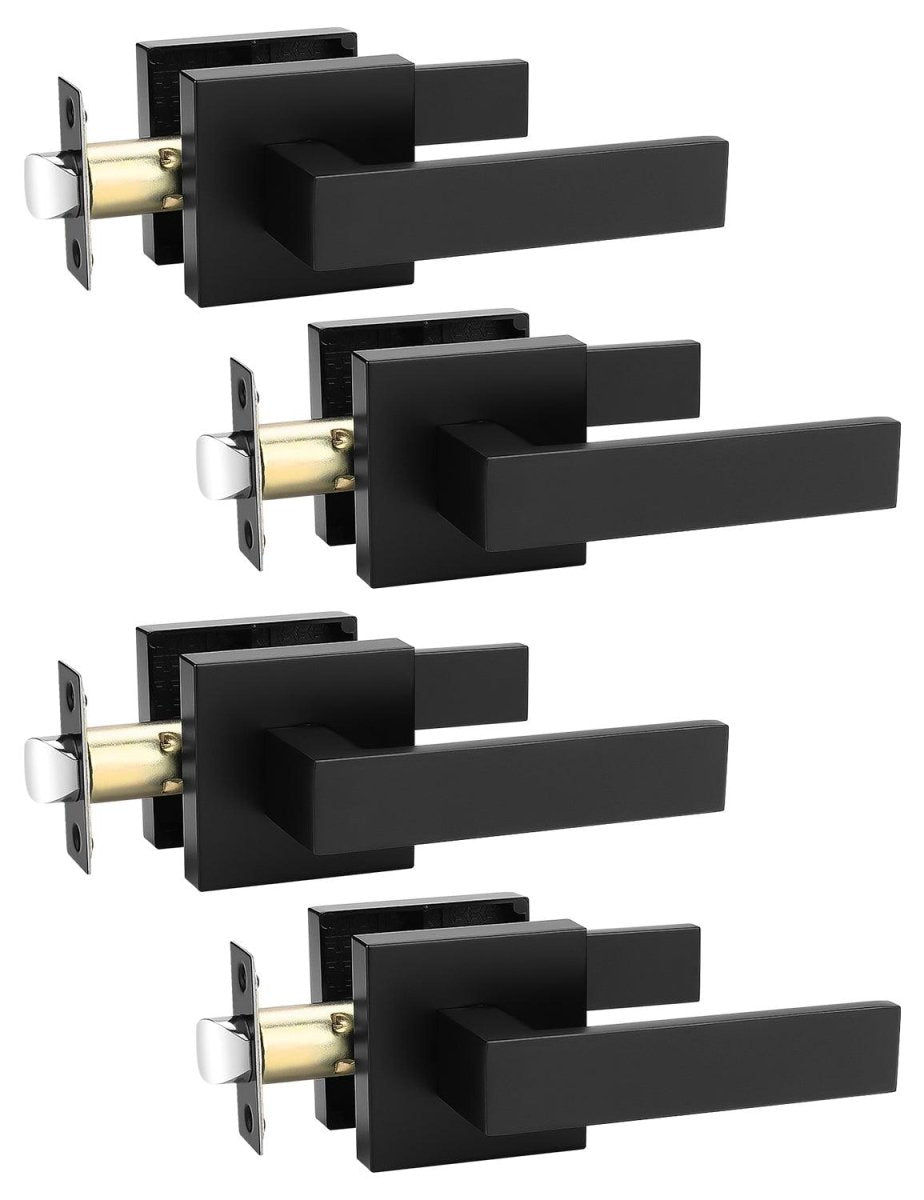 Tinewa 4 Pack Black Keyless Square Levers Handles, Interior Passage Door Locksets for Hall Closet Door Knobs Lock Reversible Right & Left Handed - Tinewa