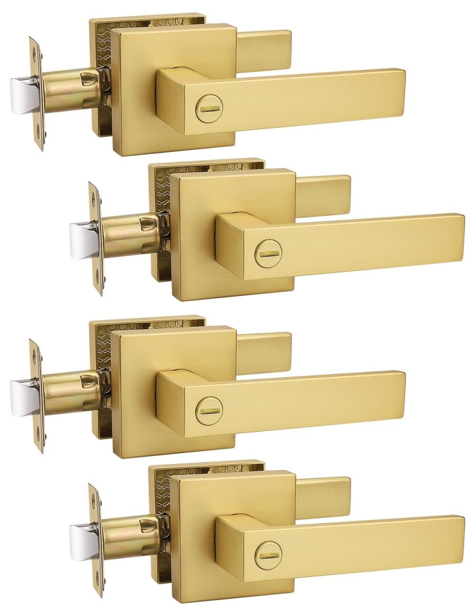 Tinewa 4 Pack Heavy Duty Gold Square Privacy Interior Door Levers Bedroom and Bathroom Door Handles Keyless Bed/Bath Lockset - Tinewa