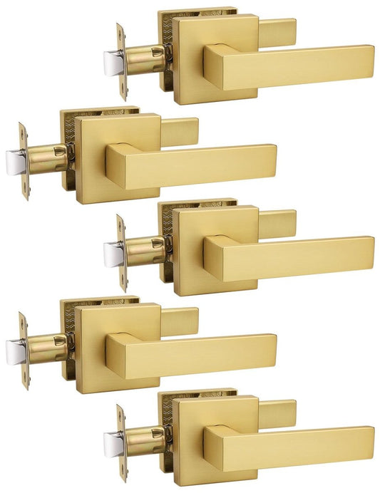 Tinewa 5 Pack Gold Keyless Square Levers Handles, Interior Passage Door Locksets for Hall Closet Door Knobs Lock Reversible Right & Left Handed - Tinewa