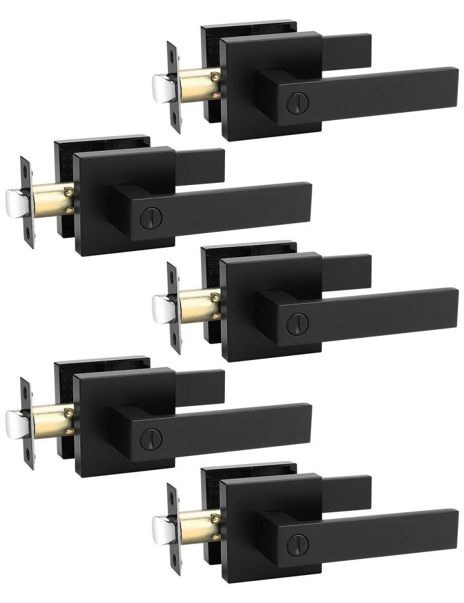 Tinewa 5 Pack Square Privacy Door Levers Locksets in Matte Black Finish, Bed/Bath Door Levers Keyless Interior Handles,Reversible for Left Right Handed Doors - Tinewa